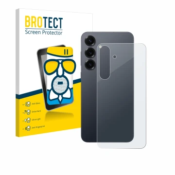 Vorderseite einer Produktverpackung mit dem Markenlogo BROTECT. Daneben ist das Gerät Samsung Galaxy S25 Plus (Rückseite) mit 