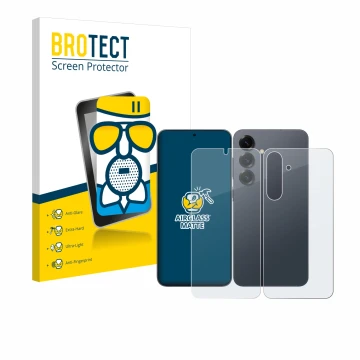 Vorderseite einer Produktverpackung mit dem Markenlogo BROTECT. Daneben ist das Gerät Samsung Galaxy S25 Plus (Display+Rücksei