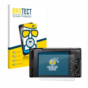 Vorderseite einer Produktverpackung mit dem Markenlogo BROTECT. Daneben ist das Gerät Sony ZV-1A mit dem zugehörigen Displaysc