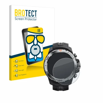 Vorderseite einer Produktverpackung mit dem Markenlogo BROTECT. Daneben ist das Gerät Xiaomi Mibro GS Explorer mit dem zugehör