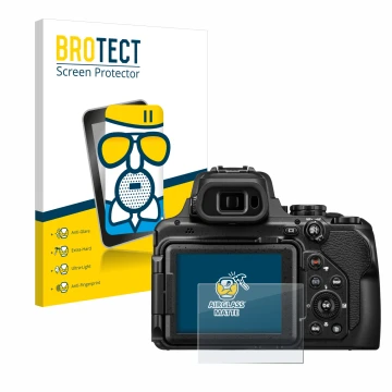 Vorderseite einer Produktverpackung mit dem Markenlogo BROTECT. Daneben ist das Gerät Nikon Coolpix P1100 mit dem zugehörigen 