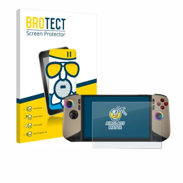 Vorderseite einer Produktverpackung mit dem Markenlogo BROTECT. Daneben ist das Gerät MSI Claw 8 AI+ mit dem zugehörigen Displ