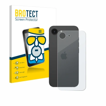 Vorderseite einer Produktverpackung mit dem Markenlogo BROTECT. Daneben ist das Gerät Apple iPhone 16e (Rückseite) mit dem zug