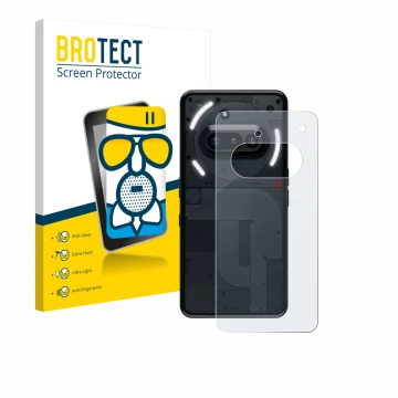 Vorderseite einer Produktverpackung mit dem Markenlogo BROTECT. Daneben ist das Gerät Nothing Phone (3a) (Rückseite) mit dem z
