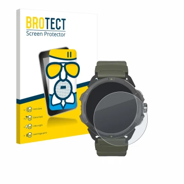 Vorderseite einer Produktverpackung mit dem Markenlogo BROTECT. Daneben ist das Gerät Hammer Watch 2 Military Edition mit dem 