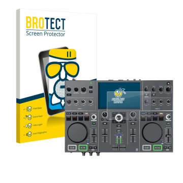 Vorderseite einer Produktverpackung mit dem Markenlogo BROTECT. Daneben ist das Gerät Denon DJ Prime Go+ mit dem zugehörigen D