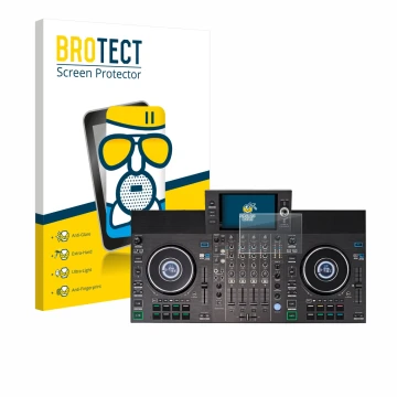 Vorderseite einer Produktverpackung mit dem Markenlogo BROTECT. Daneben ist das Gerät Denon DJ SC LIVE 4 (Jog) mit dem zugehör