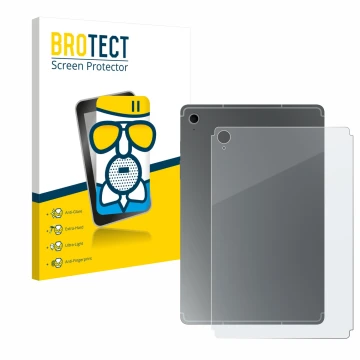 Vorderseite einer Produktverpackung mit dem Markenlogo BROTECT. Daneben ist das Gerät Samsung Galaxy Tab S10 FE (Rückseite) mi