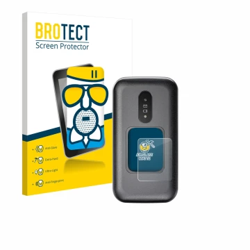 Vorderseite einer Produktverpackung mit dem Markenlogo BROTECT. Daneben ist das Gerät Doro 2880 (Äußeres Display) mit dem zuge