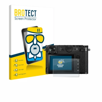 Vorderseite einer Produktverpackung mit dem Markenlogo BROTECT. Daneben ist das Gerät Fujifilm GFX 100RF mit dem zugehörigen D