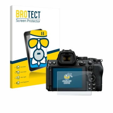 Vorderseite einer Produktverpackung mit dem Markenlogo BROTECT. Daneben ist das Gerät Nikon Z5 II mit dem zugehörigen Displays