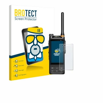 Vorderseite einer Produktverpackung mit dem Markenlogo BROTECT. Daneben ist das Gerät Hytera PDC680 mit dem zugehörigen Displa