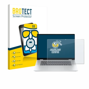 Vorderseite einer Produktverpackung mit dem Markenlogo BROTECT. Daneben ist das Gerät HP OmniBook X Flip 16-aX mit dem zugehör