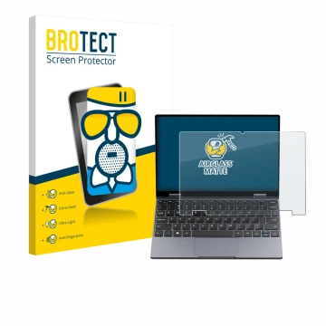 Vorderseite einer Produktverpackung mit dem Markenlogo BROTECT. Daneben ist das Gerät Chuwi MiniBook X N150 mit dem zugehörige