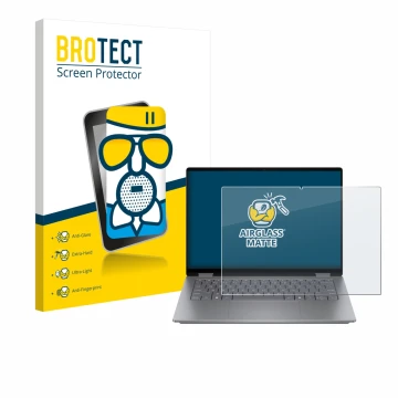 Vorderseite einer Produktverpackung mit dem Markenlogo BROTECT. Daneben ist das Gerät HP OmniBook X Flip 14 mit dem zugehörige