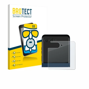 Vorderseite einer Produktverpackung mit dem Markenlogo BROTECT. Daneben ist das Gerät Motorola Razr 60 (Hinteres Display) mit 