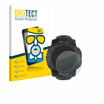 Vorderseite einer Produktverpackung mit dem Markenlogo BROTECT. Daneben ist das Gerät Garmin Instinct 3 Tactical AMOLED Editio
