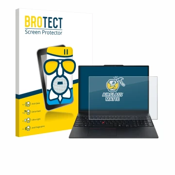 Vorderseite einer Produktverpackung mit dem Markenlogo BROTECT. Daneben ist das Gerät Lenovo ThinkPad E16 Gen 3 mit dem zugehö