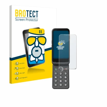 Vorderseite einer Produktverpackung mit dem Markenlogo BROTECT. Daneben ist das Gerät Doro Aurora A20 mit dem zugehörigen Disp