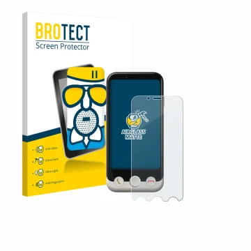 Vorderseite einer Produktverpackung mit dem Markenlogo BROTECT. Daneben ist das Gerät Doro Aurora A10 mit dem zugehörigen Disp