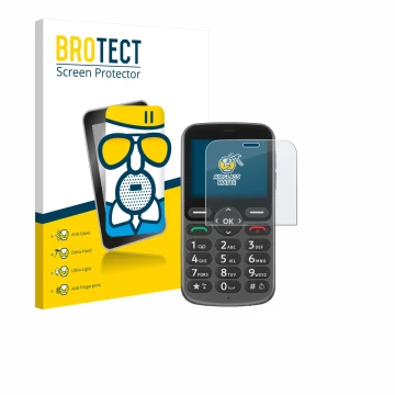 Vorderseite einer Produktverpackung mit dem Markenlogo BROTECT. Daneben ist das Gerät Doro 1380 mit dem zugehörigen Displaysch