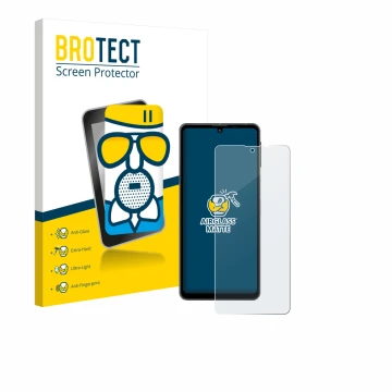 Vorderseite einer Produktverpackung mit dem Markenlogo BROTECT. Daneben ist das Gerät Sharp Aquos Sense 8 mit dem zugehörigen 