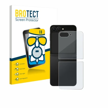 Vorderseite einer Produktverpackung mit dem Markenlogo BROTECT. Daneben ist das Gerät Samsung Galaxy Z Flip 7 FE (Rückseite) m