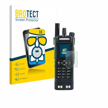 Vorderseite einer Produktverpackung mit dem Markenlogo BROTECT. Daneben ist das Gerät Baofeng DM-32 mit dem zugehörigen Displa