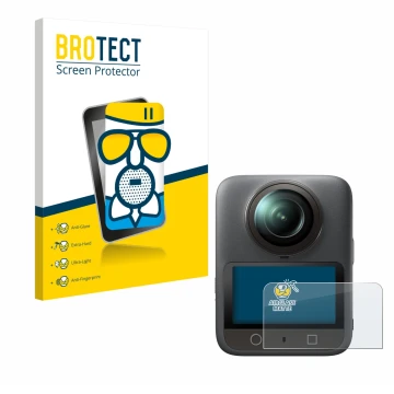 Vorderseite einer Produktverpackung mit dem Markenlogo BROTECT. Daneben ist das Gerät DJI Osmo 360 mit dem zugehörigen Display