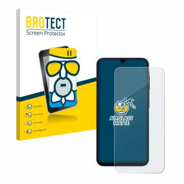 Vorderseite einer Produktverpackung mit dem Markenlogo BROTECT. Daneben ist das Gerät Samsung Galaxy A17 4G mit dem zugehörige