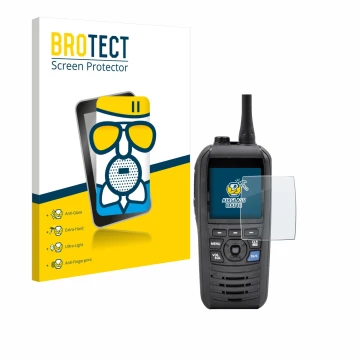 Vorderseite einer Produktverpackung mit dem Markenlogo BROTECT. Daneben ist das Gerät Icom IC-M94D mit dem zugehörigen Display