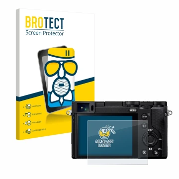 Vorderseite einer Produktverpackung mit dem Markenlogo BROTECT. Daneben ist das Gerät Sony RX1R III mit dem zugehörigen Displa