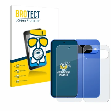 Vorderseite einer Produktverpackung mit dem Markenlogo BROTECT. Daneben ist das Gerät Google Pixel 10 (Display+Rückseite) mit 