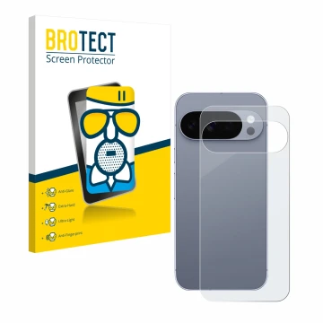 Vorderseite einer Produktverpackung mit dem Markenlogo BROTECT. Daneben ist das Gerät Google Pixel 10 Pro (Rückseite) mit dem 