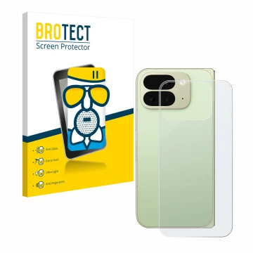 Vorderseite einer Produktverpackung mit dem Markenlogo BROTECT. Daneben ist das Gerät Google Pixel 10 Pro Fold (Rückseite) mit