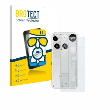 Vorderseite einer Produktverpackung mit dem Markenlogo BROTECT. Daneben ist das Gerät Nothing Phone (3) (Rückseite) mit dem zu