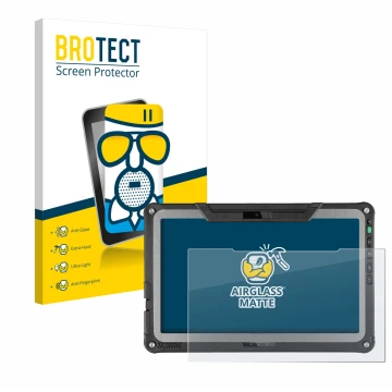 Vorderseite einer Produktverpackung mit dem Markenlogo BROTECT. Daneben ist das Gerät Getac F110 G7 mit dem zugehörigen Displa