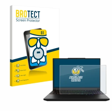 Vorderseite einer Produktverpackung mit dem Markenlogo BROTECT. Daneben ist das Gerät XMG Pro 16 mit dem zugehörigen Displaysc