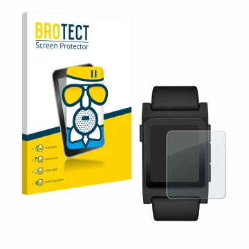 Vorderseite einer Produktverpackung mit dem Markenlogo BROTECT. Daneben ist das Gerät Pebble 2 Duo 2025 mit dem zugehörigen Di