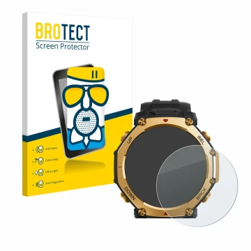 Vorderseite einer Produktverpackung mit dem Markenlogo BROTECT. Daneben ist das Gerät Huami Amazfit T-Rex 3 Pro (48 mm) mit de