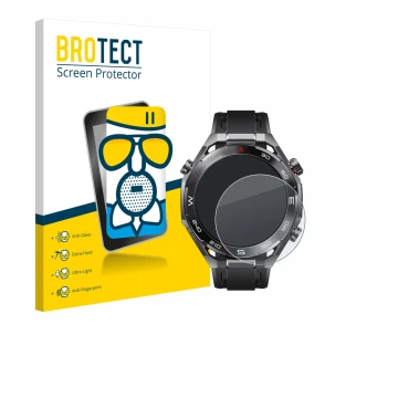 Vorderseite einer Produktverpackung mit dem Markenlogo BROTECT. Daneben ist das Gerät Huawei Watch Ultimate 2 Black mit dem zu