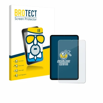 Vorderseite einer Produktverpackung mit dem Markenlogo BROTECT. Daneben ist das Gerät Xiaomi Pad Mini mit dem zugehörigen Disp