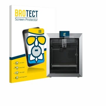 Vorderseite einer Produktverpackung mit dem Markenlogo BROTECT. Daneben ist das Gerät Qidi Tech Q2 mit dem zugehörigen Display