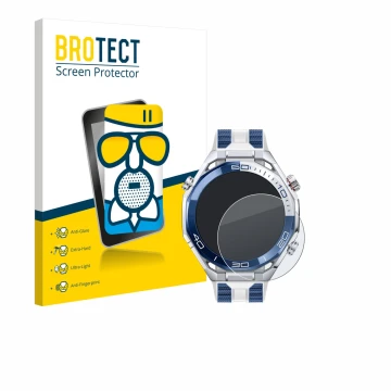 Vorderseite einer Produktverpackung mit dem Markenlogo BROTECT. Daneben ist das Gerät Huawei Watch Ultimate 2 Blue mit dem zug