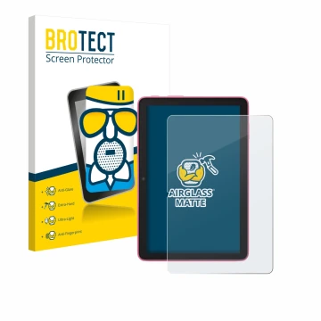 Vorderseite einer Produktverpackung mit dem Markenlogo BROTECT. Daneben ist das Gerät Amazon Fire HD 8 2024 mit dem zugehörige