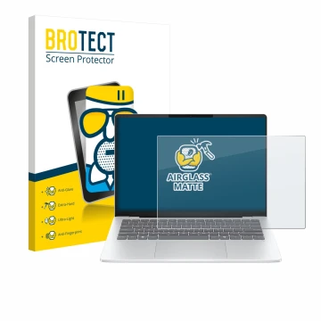 Vorderseite einer Produktverpackung mit dem Markenlogo BROTECT. Daneben ist das Gerät HP OmniBook 5 14 mit dem zugehörigen Dis