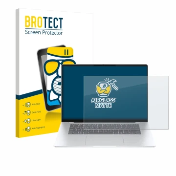 Vorderseite einer Produktverpackung mit dem Markenlogo BROTECT. Daneben ist das Gerät HP OmniBook 5 16 mit dem zugehörigen Dis