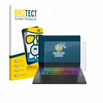 Vorderseite einer Produktverpackung mit dem Markenlogo BROTECT. Daneben ist das Gerät HP Omen Max 16 mit dem zugehörigen Displ