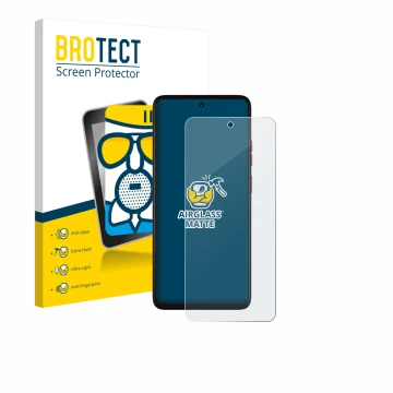 Vorderseite einer Produktverpackung mit dem Markenlogo BROTECT. Daneben ist das Gerät Motorola Moto G57 Power mit dem zugehöri