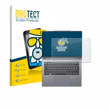 Vorderseite einer Produktverpackung mit dem Markenlogo BROTECT. Daneben ist das Gerät Tuxedo InfinityBook Pro 14 Gen 10 mit de